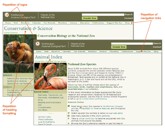Figure. Two sample pages from the website for the Smithsonian National Zoological Park. The site uses repeated elements such as the park's logo in the upper left corner of each page, the same navigational links at the top of each page, and the same formatting and placement of page headers.