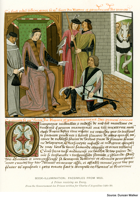 Image. A colorful drawing of a medieval scene shows a prince seated on a throne receiving a messenger who kneels before the prince and whose horse appears to be tied up outside. Attending the prince are three men who appear to be advisers. The inscription under the drawing is in Old English or Latin and begins with a decorative capital O. Source Duncan Walker.