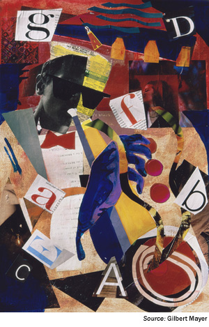 Image. An abstract collage apparently depicting an African American male playing what looks like a saxophone. The elements of the collage are composed of bits of different colored and decorative papers and letters of the alphabet from different sources, all cut into shapes to suggest a recognizable design. Source Gilbert Mayer.
