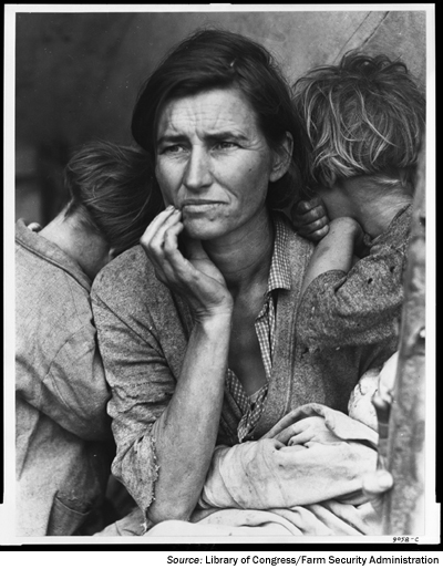 Image. Photograph called Migrant Mother. Photograph is described in the text. Source Library of Congress / Farm Security Administration.