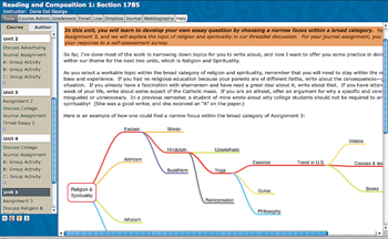 Figure. Web page has the title "Reading and Composition I: Section 1785." At the left is a menu of assignments and activities listed by unit. Most of the screen consists of an explanation of one assignment for one unit.