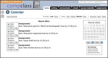 Figure. The Web page has the title "Calendar." It lists four assigments due in March. All are labeled "Public" and all have the due date and time. At the right of the page is a March calendar where users can click on any day to see the assignments for that day. Users can also choose a different month.