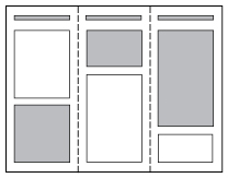 Thumbnail image. A sample layout for one side of a trifold brochure. The paper is shown in ladscape orientaion with two vertical foldmarks creating three equal panels. Each panel has a header at the top followed by blocks of text.
