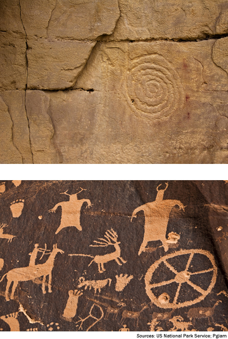 Image 1. A cave drawing showing a spiral design carved into a piece of rock. Source U S National Park Service. Image 2. Drawings carved into a rock show animals and birds, what look like animal skins, large footprints with varying numbers of toes, and one human on horseback with what looks like a bow and arrow. Source P g a i m.