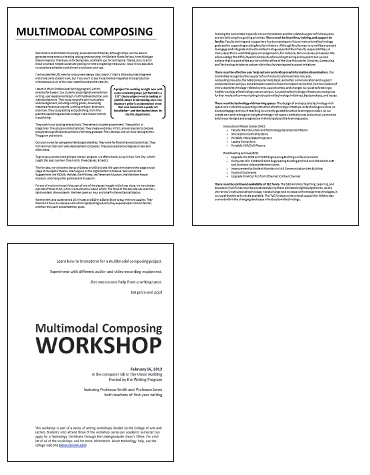 Image. Thumbnails of three document pages. The first page shows a large all caps heading, a page full of text, and a pulled quote at the right of the page with text wrapped around it. The second page is a full page of text, with two bullet lists within the text. The third page has a large title in the center of the page vertically, some text in a smaller font at the top of the page, with wide line spacing and positioned flush right. Below the title, flush right, are several lines that appear to be an author and the author’s affiliation. At the bottom of the page is a paragraph of text, in a smaller font than elsewhere on the page and flush left.