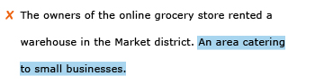 Incorrect example sentence: The owners of the online grocery store rented a warehouse in the Market district. An area catering to small businesses.