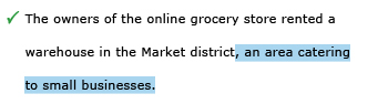 Correct example sentence: The owners of the online grocery store rented a warehouse in the Market district, an area catering to small businesses.