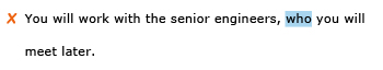 Incorrect example sentence: You will work with the senior engineers, who you will meet later.