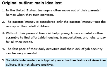 Figure. Outline for a paragraph. This sample outline shows the organization of a paragraph in which the main idea is in the last sentence. The sentences are as follows: 1. In the United States, teenagers often move out of their parents’ homes when they turn eighteen. 2. The parents’ money is considered only the parents’ money--not the money of their adult children. 3. Without their parents’ financial help, young American adults often scramble to find affordable housing, transportation, and jobs to pay for all of their needs. 4. The fast pace of their daily activities and their lack of job security can be very stressful. 5. (Main idea) So while independence is typically an attractive feature of American culture, it is not always positive.
