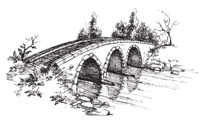 Image. Sketch of a stone bridge with three arches spanning a river, with greenery on either side of the bridge.