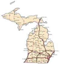 Image. Road map of the state of Michigan, with major routes in bold red, minor routes in thin red, and towns indicated with green dots.