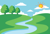 Image. Clip art showing a river running through green fields, with trees on the horizon and clouds and the sun in the sky.