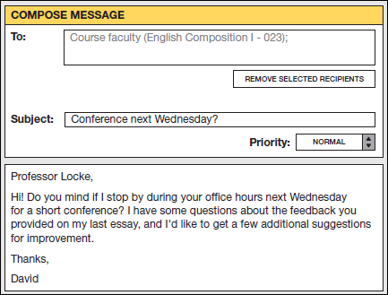 Figure. The e-mail message has a faculty address on the address line, a subject "Conference next Wednesday?" and the following message: "Professor Locke, Hi! Do you mind if I stop by during your office hours next Wednesday for a short conference? I have some questions about the feedback you gave me on my last essay, and I'd like to get a few more suggestions for improvement. Thanks, David Barbanti."