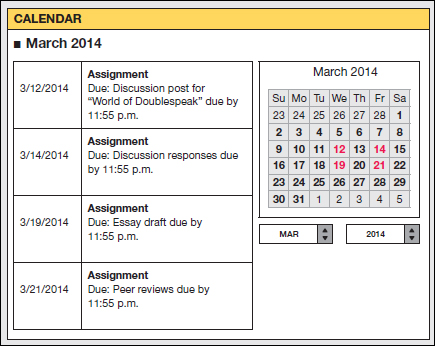Figure. The Web page has the title "Calendar." It lists four assigments due in March. All are labeled "Public" and all have the due date and time. At the right of the page is a March calendar where users can click on any day to see the assignments for that day. Users can also choose a different month.