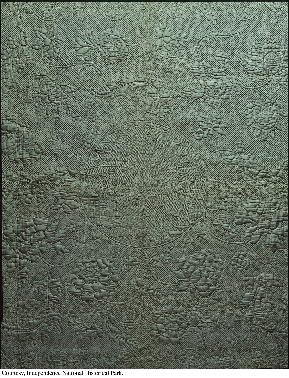 Silk marriage quilt created by Hannah Callender 1761