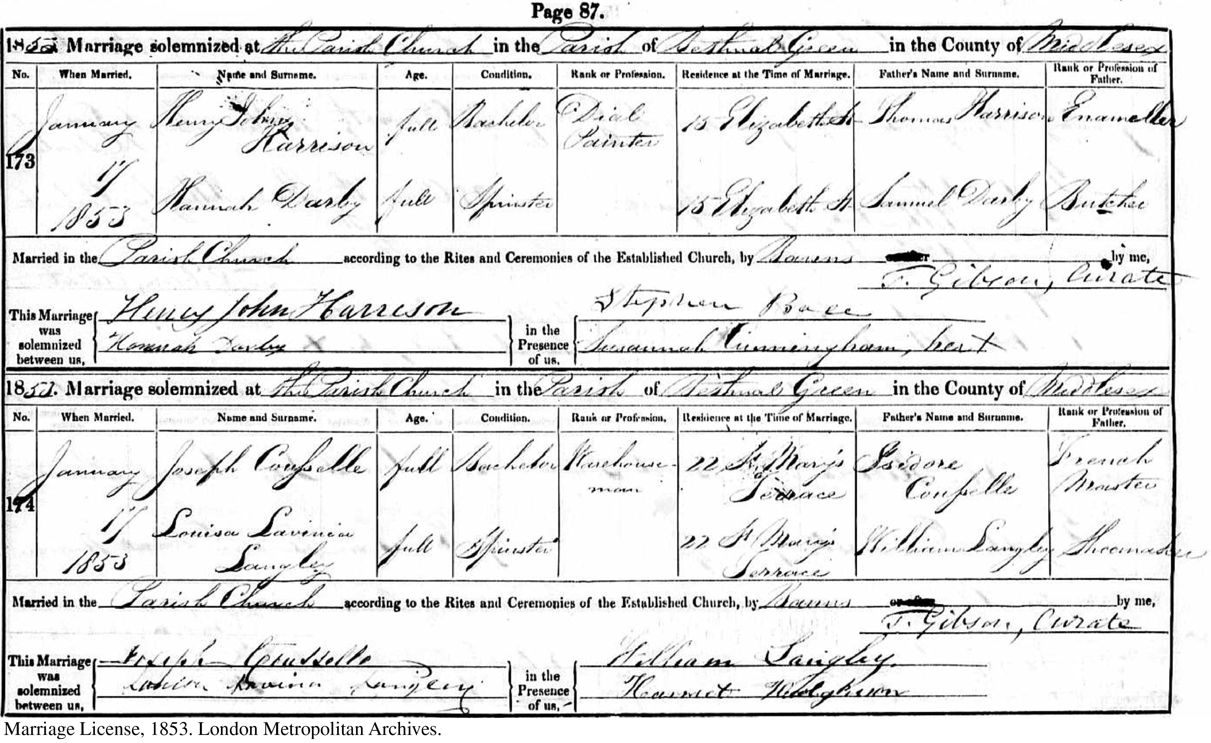 Joseph Cousselle and Louisa Langley, Marriage License, 1853