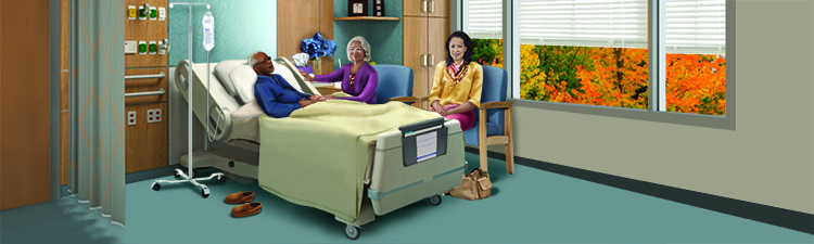 The elderly man, Fred lies on a hospital bed, and participates in the intake interview with a nurse with the assistance of his family.