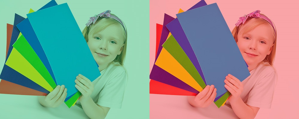Two of the same photo of a girl holding up different colors of paper.  The photo on the left has a green filter over it and the photo on the right has a red filter over it.