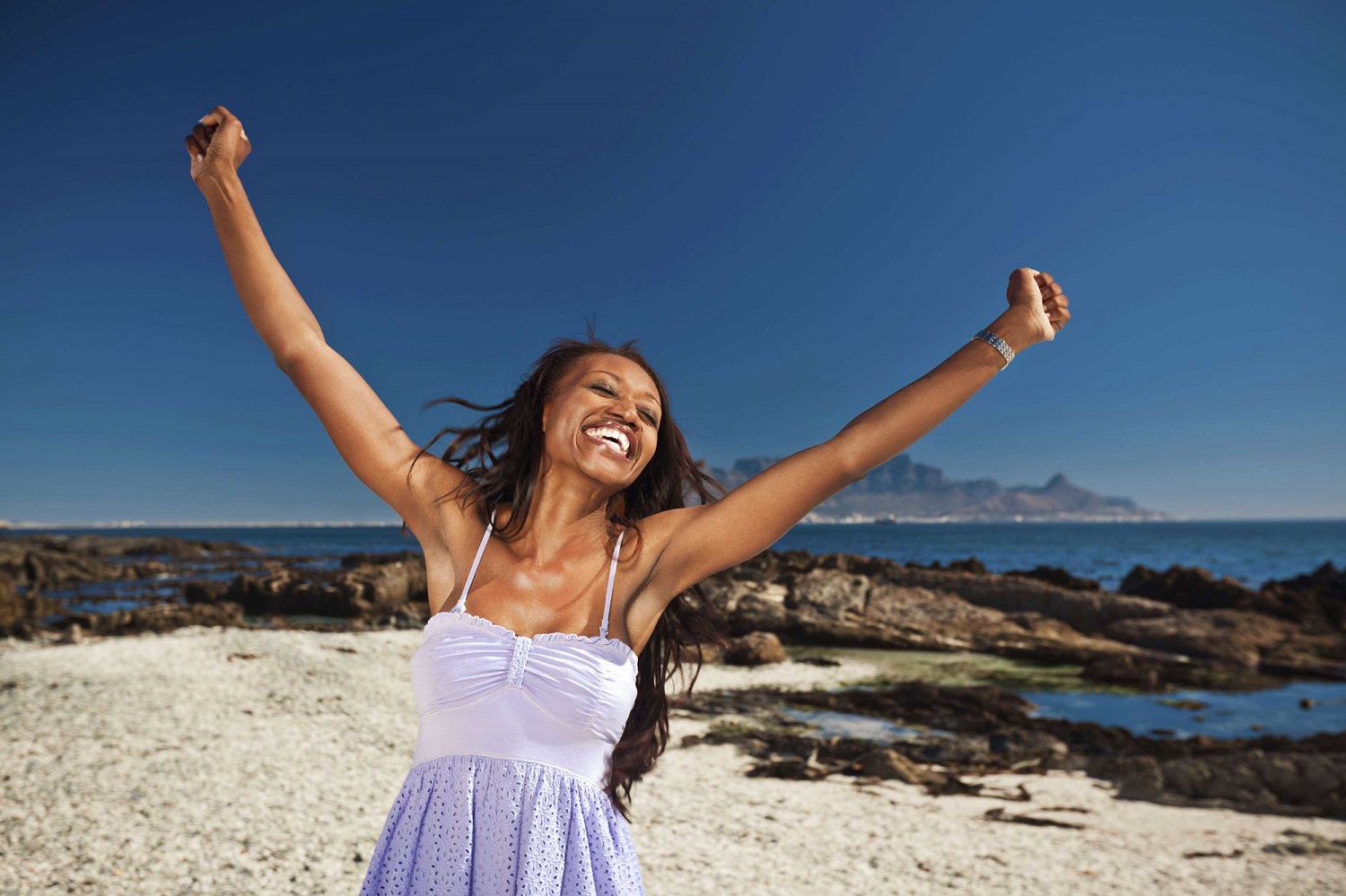 Photo of person with hands in the air, expressing joy or happiness