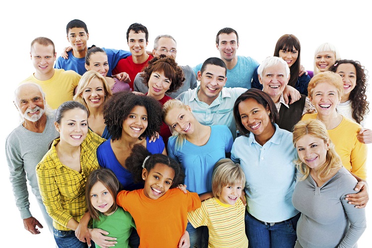 Photo: large, diverse group of happy people, varying in age, gender, ethnic background