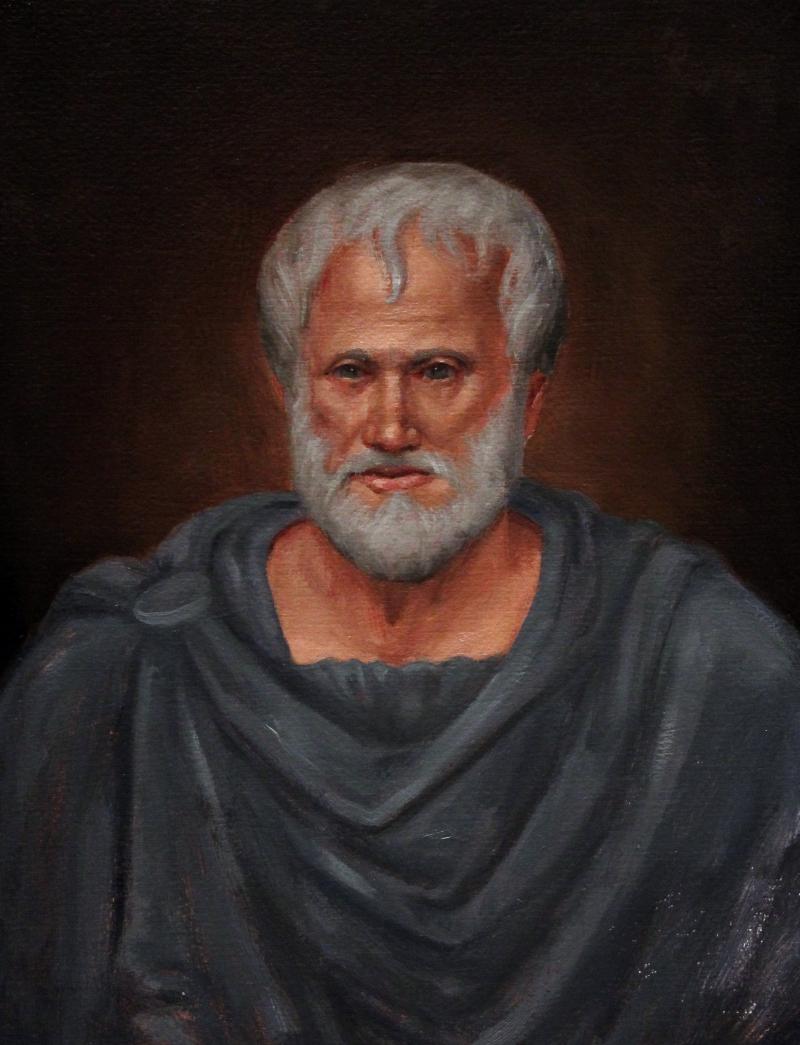 A portrait painting of renowned greek philosopher, Aristotle in a grey cloak.