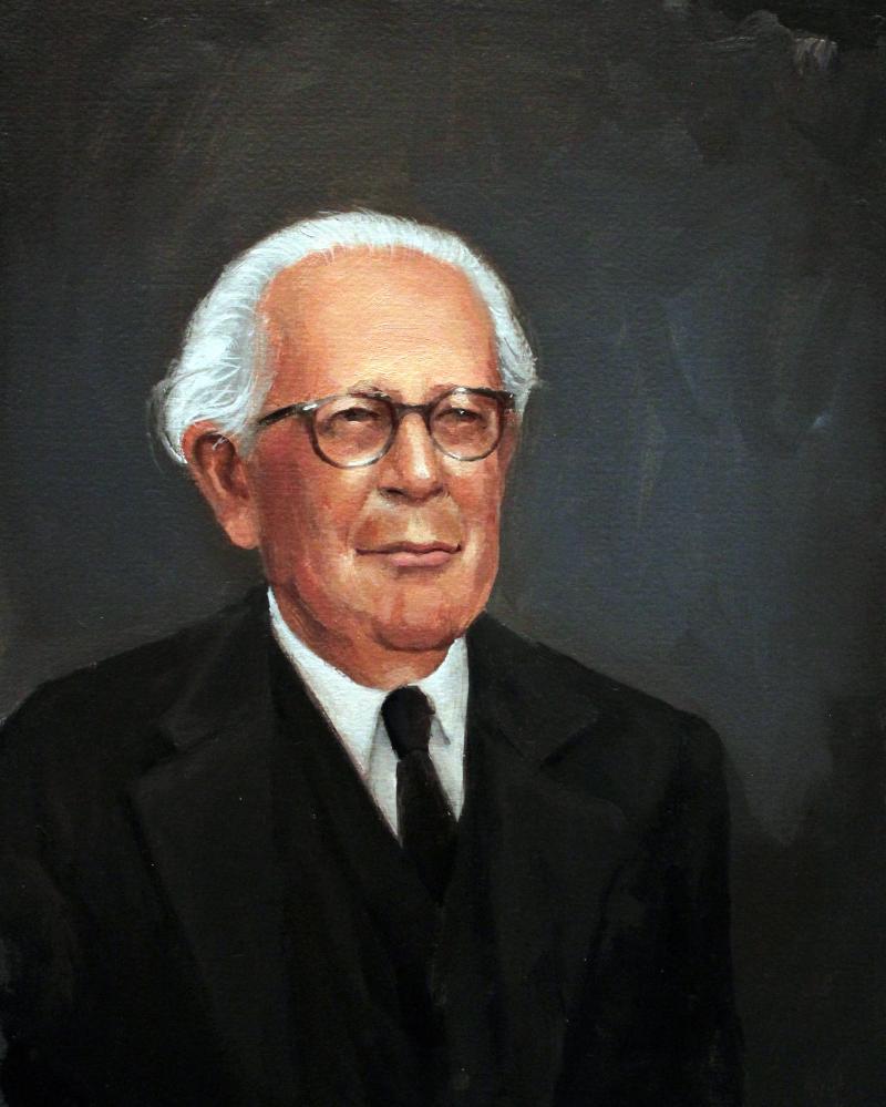 An academic portrait painting of an elderly bespectacled man in a black suit.