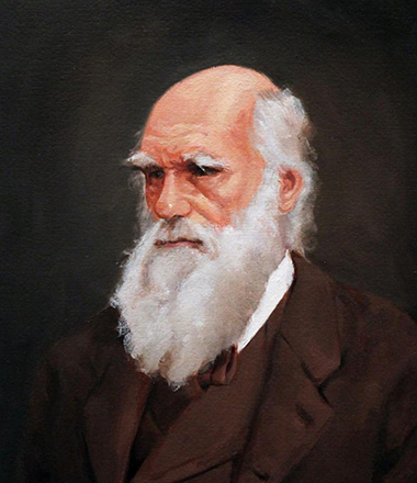 A portrait painting of an elderly bald bearded man in a brown suit. 