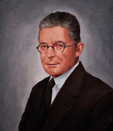 An academic portrait painting of a smiling elderly bespectacled man sharply dressed in a black suit.
