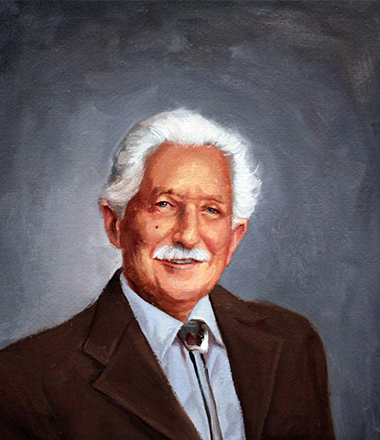 An academic portrait painting of an elderly man in a brown suit with a bolo tie.