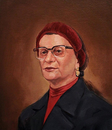 An academic portrait painting of a middle-aged bespectacled lady in a suit.  