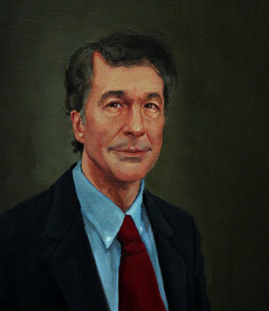 An academic portrait painting of a middle-aged man crisply dressed in a blue-colored suit.