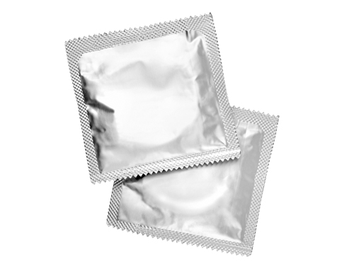Two sliver-colored condom packets