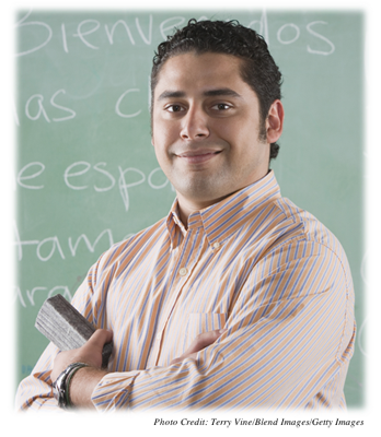 A language teacher standing in front of a chalkboard