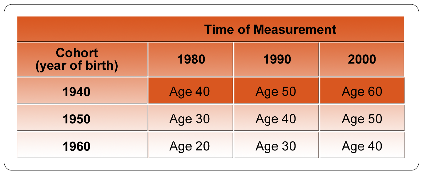 Table shows that 1940 cohort was 40 in 1980, 50 in 1990, and 60 in 2000.  1950 cohort was 30 in 1980, 40 in 1990, and 50 in 2000.  1960 cohort was 20 in 1980, 30 in 1990, and 40 in 2000.