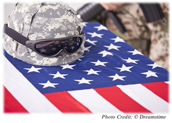 An American flag draped over a casket, with a camouflage helmet and sunglasses on top of the flag.