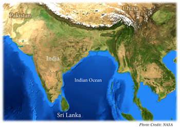 A map of southeast Asian showing the location of Sri Lanka as an island southeast of the tip of India