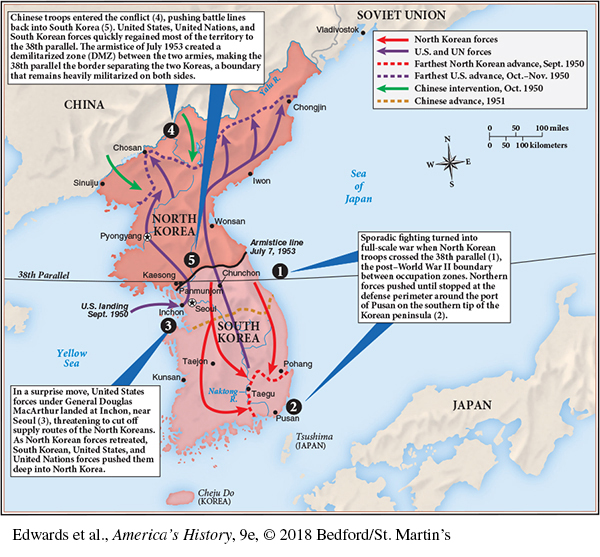 This map shows the Korean War from 1950 to 1953. The Korean War, which the United Nations officially deemed a “police action,” lasted three years and cost the lives of more than 36,000 U.S. troops. South and North Korean deaths were estimated at more than 900,000. Although hostilities ceased in 1953, the South Korean Military (with U.S. military assistance) and the North Korean Army continue to face each other across the demilitarized zone, more than fifty years later. On the map, five events are noted: (1) Armistice line July 7, 1953; (2) defense perimeter around the port of Pusan; (3) U.S. landing Sept. 1950; (4) Chinese troops entered the conflict; and (5) Battle lines pushed back into South Korea.  A callout box referring to events 1 and 2 notes: Sporadic getting turned into full-scale war when North Korean troops crossed the 38th parallel (1), the post–World War II boundary between occupation zones. Northern forces pushed until stopped at the defense perimeter around the port of Pusan on the southern tip of the Korean peninsula (2). A callout box referring to event 3 notes: In a surprise move, United States forces under General Douglas MacArthur landed at Inchon, near Seoul (3), threatening to cut off supply routes of the North Koreans. As North Korean forces retreated, South Korean, United States, and United Nations forces pushed them deep into North Korea. A callout box referring to events 4 and 5 notes: Chinese troops entered the conflict (4), pushing battle lines back into South Korea (5). United States, United Nations, and South Korean forces quickly regained most of the territory to the 38th parallel.  The armistice of July 1953 created a demilitarized zone (DMZ) between the two armies, making the 38th parallel the border separating the two Koreas, a boundary that remains heavily militarized on both sides. 
