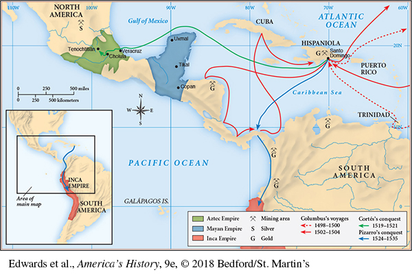 The main part of the map shows the Mexico/Central America penninsula stretching to South America, with Cuba, Hispaniola, and Puerto Rico. The Aztec Empire is seen in the northern part of the penninsula, the Mayan Empire is seen in the middle of the pennisula, and the Inca Empire is seen along the western coast of South America. A map inset shows the extensive Inca Empire that spanned more than half of the coast of South America. Mining areas are shown for gold and silver. Silver appears in Mexico; gold appears in Hispaniola, northern South America (3 places) and the lower part of the Central Americas penninsula. Columbus's voyages for 1498 to 1500 and 1502 to 1504 are shown, as well as voyages for Cortes's conquest (1519-1521, invasion of the Aztec Empire) and Pizarro's conquest (1524-1535, invasion of the Inca Empire).  All originated or ended at Santo Domingo in Hispaniola. 