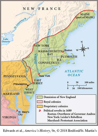 This map shows the Dominion of New England, from 1686 to 1689. In the Dominion, James II created a vast royal colony that stretched nearly 500 miles along the Atlantic coast. The map shows the Dominion of New England that includes New York, New Jersey, Massachusetts and Connecticut. To the west of the Dominion were proprietary colonies of Pennsylvania and Maryland. Below the proprietary colonies is the royal colony of Virginia. The map marks New York City, St. Mary's City, and Boston as having political revolts in 1689.  More specifically, they were: in Boston, the overthrow of Governor Andros; in New York, Leisler’s Rebellion; and in Maryland, Protestant Association. These revolts ousted Dominion officials and repudiated their authority. As a result, King William and Queen Mary replaced the Dominion with governments that balanced the power held by imperial authorities and local political institutions.  