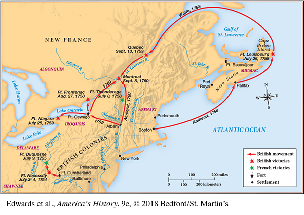 This map shows the The Anglo-American Conquest of New France. After full-scale war with France began in 1756, it took almost three years for the British ministry to equip colonial forces and dispatch a sizable army to far-off America. In 1758, British and colonial troops attacked the heartland of New France, capturing Quebec in 1759 and Montreal in 1760. The map key shows British movement, British victories, French victories, Forts and Settlements. British movement labeled Amherst, 1758, goes from Boston to Halifax and then Halifax to Ft. Louisbourg on July 26, 1758, where a British victory occurred. From there to Quebec, the British movement was labeled Wolfe, 1758, where a British victory occurred in Quebec on Sept. 13, 1759. From there to Montreal where a British victory occurred on Sept. 8, 1760, which also came as an attack from the south, starting at Albany, labeled Amherst, 1760 and Ft. Oswego, 1760. Ft. Oswego also launched successful British victories to the north on Ft. Frontenac on Aug. 27, 1758 and to the east on Ft. Niagara on July 25, 1759.  Earlier skirmishes occurred with British movement and victory outside of Baltimore at Ft. Necessity on July 3-4, 1754, followed by a French victory just north of that at Ft. Duquesne on July 9, 1755.  The only other French victory occurred south of Montreal at Ft. Ticonderoga on July 8, 1758.   