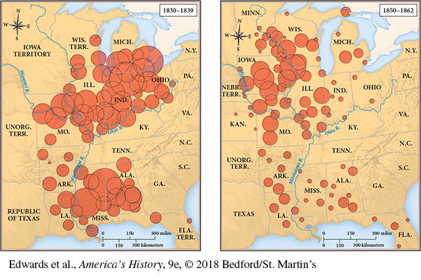 This map shows Western Land Sales from 1830 to 1839 and from 1850 to 1862. As the first map shows for 1830 to 1839, federal government offices sold huge amounts of land in the corn and wheat belt of the Midwest (Ohio, Indiana, Illinois, and Michigan) and the cotton belt to the south (especially Alabama and Mississippi). However, in the second map for 1850 to 1862, the indication is that as settlers moved westward during this period, most sales were in the upper Mississippi River Valley (particularly Iowa and Wisconsin).