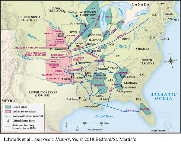 This map shows the Removal of Native Americans from 1820 to 1846. The map key shows: Ceded lands, Indian reservations, Routes of Indian removal, United States forts, and State and territory boundaries in 1846. The the U.S. government forced scores of Native American communities to leave their ancestral lands and Andrew Jackson’s Indian Removal Act of 1830 formalized this policy. As the map shows, Native Americans were forced to travel from as far as New York and Florida to reservations in Oklahoma and Nebraska.  As the map also shows, huge areas in primarily Florida, Georgia, Mississippi, Wisconsin, Iowa, and Michigan were ceded by the Native Americans by the treaties for money and designated reservations in Indian Territory west of the Mississippi River. When the Sauk, Fox, Cherokees, and Seminoles resisted resettlement, the government used the U.S. Army to enforce the removal policy.