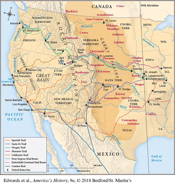 This map shows the Great Plains: Settler Trails, Indian Raiders, and Traders. The map key identifies: the Spanish Trail, the Santa Fe Trail, the Oregon Trail, the Mormon Trail, the California Trail, the Pony Express Mail Route, the Butterfield Overland Mail Route, the Camino Real and U.S. forts. The map shows how the Mormon, Oregon, and Santa Fe trails ran across “Indian Country,” the semiarid, bison-filled Great Plains west of the ninety-fifth meridian, and then through the Rocky Mountains.  The Pony Express mail route started at St. Joseph, Missouri and traveled westward over the Continental Divide to Sacramento, California. The Butterfield mail route operated south of the Pony Express, starting at Independence, Missouri and merging with a more southern route  at Ft. Smith, Arkansas before traveling east and south through Texas and the Southwest, ending at San Francisco, California. The map lists all the Indian tribes populating the Great Plains. A majority of the Forts are found in this area and most forts lie on at least one of the trails, with the exception of Fort Union in the northern Unorganized Territory (current day North Dakota) that lies on the Missouri River in an area with many Indian tribes . 
