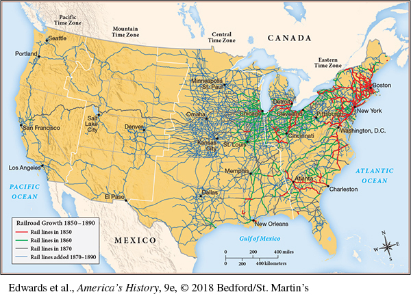 This map shows the Expansion of the Railroad System from 1850 to 1890. The map key shows the railroad growth in four stages: rail lines in 1850, rail lines in 1860, rail lines in 1870, and rail lines from 1870 to 1890. As the map indicates, in 1850, the United States had 9,000 miles of rail track, primarily up and down the East Coast of the U.S. and around the Great Lakes on the upper peninsula of Michigan; rail lines in the 1860 began to fill in further areas around the early lines and expand slightly toward the Mississippi River, by the 1870s, more lines were built into the West targeting cities like Omaha, Salt Lake City and San Francisco. By 1890, railroads had expanded to 167,000 miles, including transcontinental lines terminating in Los Angeles, and Seattle. The tremendous burst of construction during the last twenty years of that period essentially completed the nation’s rail network, although there would be additional expansion for the next two decades. The main areas of growth were in the South and in lands west of the Mississippi. Time zones — an innovation introduced not by government entities, but by railroad corporations in 1883 — are marked by the gray lines on this map.