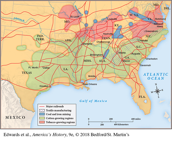 This map shows the southern part of the U.S. that explains the New South as of 1900. The map key identifies: Major railroads that crisscross the south; textile manufacturing that is focused primarily around Greensboro, Charleston, Macon, and Memphis; Coal and iron mining that dots West Virginia, Tennessee, Kentucky, Alabama, and Illinois; Cotton-growing regions that span most of the south from the southern East coast through Arkansas, central Texas, and spots in Oklahoma; and tobacco-growing regions centered primarily north of Greensboro into Virginia and West Virginia and on eastward through Kentucky, Tennessee, northeastern Arkansas, and around St. Louis. In summary, the map shows the economy of the Old South focused on raising staple crops, especially cotton and tobacco, which compares to the New South showing staple agriculture domination, with marked industrial development. Industrial regions evolved, producing textiles, coal, and iron. By 1900, the South’s industrial pattern was well defined, though the region still served — like the West — as a major producer of raw materials for the industrial region that stretched from New England to Chicago.