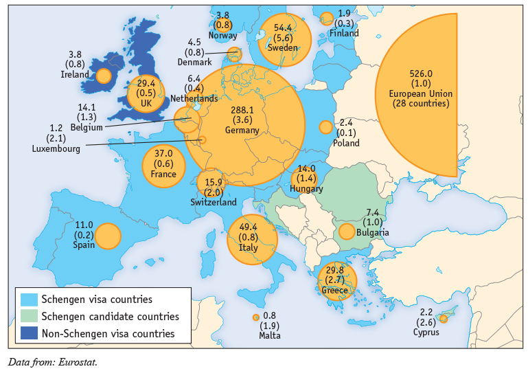 A map shows the applications for asylum in Schengen visa countries, Schengen candidate countries, and Non Schengen visa countries as of May 2015.