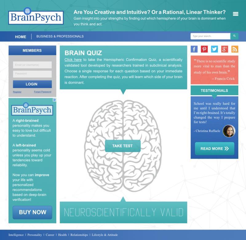 This is a mock website named BrainPsych that provides brain quizzes for users.