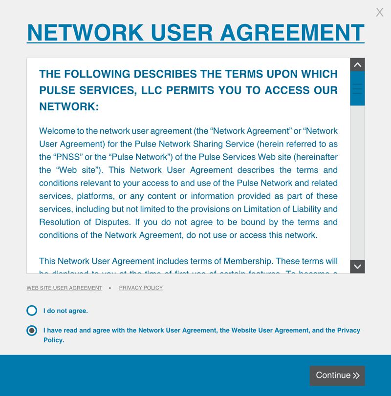 Photo shows a consent form entitled “Network user agreement” that all users must agree to before setting up an account. 