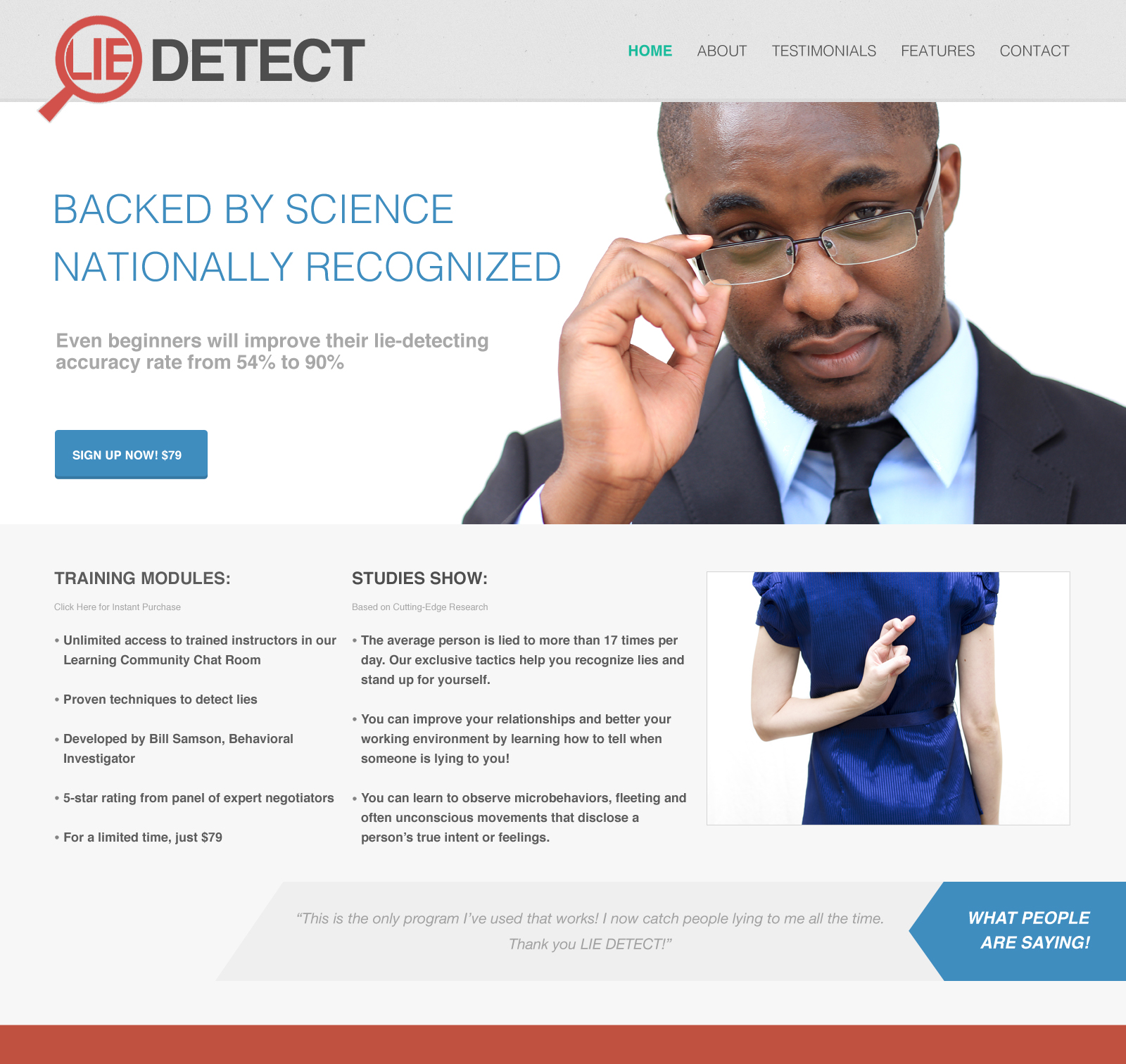 The photo shows a mock webpage entitled Lie Detect that claims to improve users’ lie detection abilities.