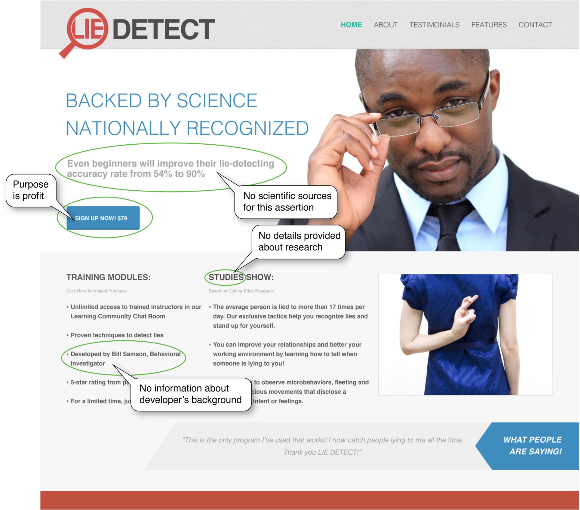 The photo of the Lie Detect webpage highlights the nonscientific evidence that the site provides.